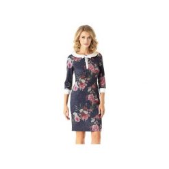 Dopasowana sukienka z kołnierzykiem Flora kwiaty ED025-3. Niebieskie sukienki damskie marki Ella dora, xl, w kwiaty, z materiału, bez kołnierzyka, bez rękawów, ołówkowe. Za 219,00 zł.