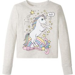 Bluza dresowa bonprix naturalny melanż z nadrukiem. Białe bluzy dziewczęce marki bonprix, z nadrukiem, z dresówki, z długim rękawem, długie, bez kaptura. Za 34,99 zł.