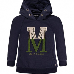 Bluza w kolorze granatowym. Niebieskie bluzy chłopięce marki Marc O'Polo Junior, z aplikacjami, z dzianiny. W wyprzedaży za 105,95 zł.