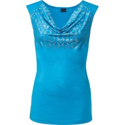 Shirt z metalicznym nadrukiem bonprix niebieski oceaniczny. Niebieskie koszulki damskie bonprix, z nadrukiem, bez kołnierzyka, bez rękawów. Za 49,99 zł.