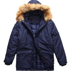 Kurtka męska zimowa parka z kapturem granatowa Recea. Kurtki męskie Recea, na zimę, m, bez wzorów, casualowe, z kapturem. Za 249,99 zł.