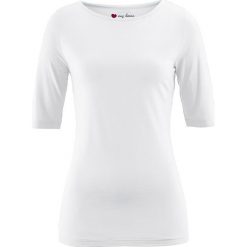 Shirt z dekoltem w łódkę, krótki rękaw bonprix biały. Białe koszulki damskie bonprix, bez wzorów, bez kołnierzyka. Za 34,99 zł.