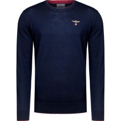 Sweter AERONAUTICA MILITARE. Niebieskie swetry męskie Aeronautica Militare, z haftami, z okrągłym kołnierzem, bez kaptura. W wyprzedaży za 511,00 zł.