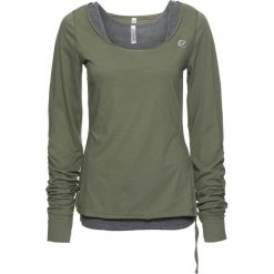 Shirt + top (2 części) bonprix oliwkowo-szary melanż. Szare koszulki damskie marki bonprix, bez wzorów, z okrągłym kołnierzem. Za 49,99 zł.