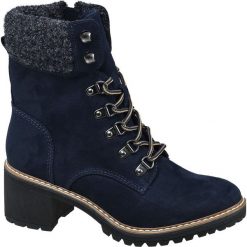 Granatowe botki damskie Highland Creek na obcasie Highland Creek niebieskie. Niebieskie botki damskie Highland Creek, ze skóry, bez obcasa, na obcasie, na zamek. Za 159,90 zł.