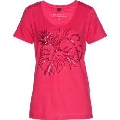T-shirt z cekinami bonprix różowy hibiskus. Różowe koszulki damskie bonprix, bez wzorów, bez kołnierzyka, bez rękawów. Za 59,99 zł.