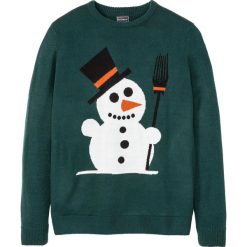 Sweter z bożonarodzeniowym motywem bonprix głęboki zielony. Zielone swetry męskie bonprix, s, bez wzorów, z materiału, bez kołnierzyka, bez kaptura. Za 79,99 zł.