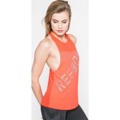 Reebok - Top. Szare topy sportowe damskie marki Reebok, l, z nadrukiem, z materiału, z okrągłym kołnierzem. W wyprzedaży za 59,90 zł.