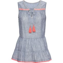 Bluzka bez rękawów bonprix niebiesko-biały. Niebieskie koszulki damskie bonprix, z haftami, z kontrastowym kołnierzykiem, bez rękawów. Za 37,99 zł.