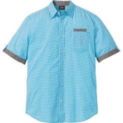 Koszula z krótkim rękawem w drobną kratę bonprix turkusowo-biały w kratę. Niebieskie koszule męskie bonprix, xl, bez wzorów, z kontrastowym kołnierzykiem, z krótkim rękawem. Za 69,99 zł.