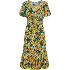 Sukienka bonprix szmaragdowo-żółty w kwiaty. Niebieskie sukienki damskie bonprix, w kwiaty, bez kołnierzyka, bez rękawów. Za 119,99 zł.