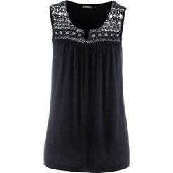 Top dzianinowy z koronką bonprix czarny. Czarne topy damskie bonprix, w koronkowe wzory, z dzianiny. Za 54,99 zł.