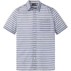 Koszula z krótkim rękawem w paski bonprix szaro-biały w paski. Szare koszule męskie bonprix, na lato, xl, w paski, z bawełny, bez kołnierzyka, z krótkim rękawem. Za 49,99 zł.