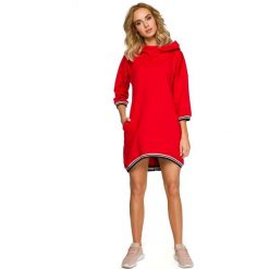 Czerwona Dzianinowa Asymetryczna Sukienko-Bluza z Kapturem. Czerwone bluzy damskie Molly.pl, s, bez wzorów, z bawełny, bez rękawów, z kapturem. Za 154,90 zł.
