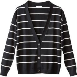 Sweter rozpinany w paski, zapięcie na zatrzaski. Białe kardigany damskie marki La Redoute Collections, l, w paski, z bawełny. Za 102,86 zł.