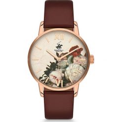 Zegarek kwarcowy w kolorze beżowo-różowozłoto-brązowym. Różowe, analogowe zegarki damskie Beverly Hills Polo Club, metalowe. W wyprzedaży za 259,95 zł.