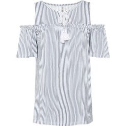 Shirt cold-shoulder ze sznurowaniem bonprix biało-niebieski w paski. Białe koszulki damskie bonprix, w paski, bez kołnierzyka, bez rękawów. Za 84,99 zł.