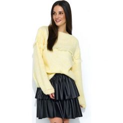 Żółty Oversizowy Sweter z Ażurowym Rękawem. Żółte swetry damskie Molly.pl, uniwersalny, z aplikacjami, bez rękawów, długie, bez kaptura. Za 129,90 zł.