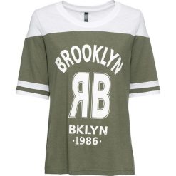 T-shirt z nadrukiem bonprix oliwkowy + biały. Zielone koszulki damskie bonprix, w paski, bez kołnierzyka, bez rękawów. Za 32,99 zł.