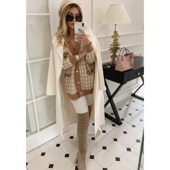 Beżowy Kardigan Burlington. Brązowe swetry damskie Renee, w kratkę. Za 149,99 zł.
