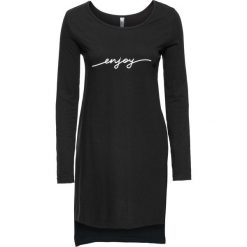 Długi shirt z rozcięciami bonprix czarno-biały. Czarne koszulki damskie marki bonprix, z nadrukiem, bez kołnierzyka. Za 49,99 zł.