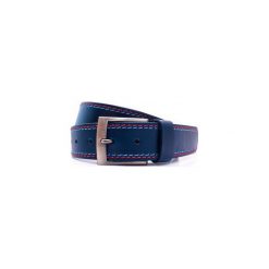 Granatowy pasek męski z błękitnym i czerwonym przeszyciem KMG21. Czerwone paski męskie Modini Moda Męska, w paski, z jeansu, eleganckie. Za 67,50 zł.