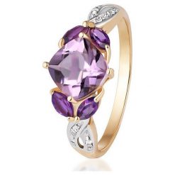 Piękny Złoty Pierścionek - złoto 585, Ametyst,diament 0,019ct. Żółte pierścionki damskie W.KRUK, z ametystem, złote. Za 1290,00 zł.