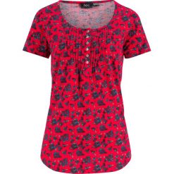 Shirt "henley", krótki rękaw bonprix truskawkowy w kwiaty. Czerwone koszulki damskie bonprix, w kwiaty, bez kołnierzyka, z krótkim rękawem. Za 44,99 zł.