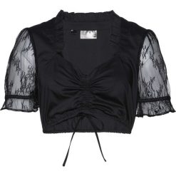 Bluzka ludowa bonprix czarny. Czarne koszulki damskie bonprix, w koronkowe wzory, z materiału, bez kołnierzyka, bez rękawów. Za 109,99 zł.