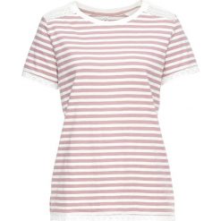 Shirt z koronkową wstawką bonprix różowobrązowo-biel wełny w paski. Różowe koszulki damskie bonprix, w paski, z wełny, bez kołnierzyka, bez rękawów. Za 59,99 zł.