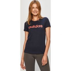 Adidas - T-shirt. Niebieskie topy damskie Adidas, s, z nadrukiem, z bawełny, casualowe, z okrągłym kołnierzem. Za 79,90 zł.