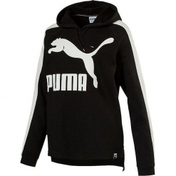 Bluza w kolorze czarnym. Czarne bluzy z kieszeniami damskie marki Puma, xs, z nadrukiem, prążkowane. W wyprzedaży za 113,95 zł.