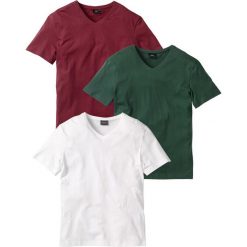 T-shirty męskie: T-shirt z dekoltem w serek (3 szt.) Regular Fit bonprix bordowy + ciemnozielony + biały