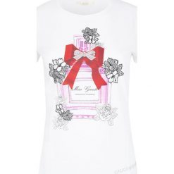 T-shirt Gaudi Jeans. Białe koszulki damskie Gaudi, na co dzień, bez wzorów, z jeansu, z włoskim kołnierzykiem, bez rękawów. Za 119,00 zł.