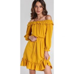 Żółta Sukienka Zunairah. Żółte sukienki damskie Renee, s, bez wzorów, eleganckie, z falbankami, bez rękawów, mini, rozkloszowane. Za 99,99 zł.