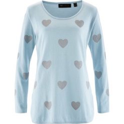 Sweter bonprix miętowo-srebrny. Szare swetry klasyczne damskie marki bonprix, z bawełny, z okrągłym kołnierzem. Za 54,99 zł.