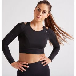 Top fitness kardio 900 damski. Czarne topy damskie DOMYOS, l, bez wzorów, z elastanu, bez kołnierzyka. Za 69,99 zł.