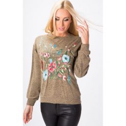 Bluza haftowana beżowa 6481. Brązowe bluzy damskie Fasardi, s, z haftami, bez rękawów, bez kaptura. Za 54,00 zł.