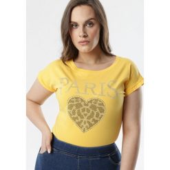 Żółty T-shirt Raine. Żółte bluzki damskie Born2be, na co dzień, xl, z nadrukiem, z jeansu, klasyczne, z okrągłym kołnierzem, z krótkim rękawem. Za 39,99 zł.