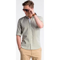 Koszula męska z długim rękawem K467 - zielona/brązowa. Pomarańczowe koszule męskie Ombre Clothing, na lato, s, bez wzorów, z bawełny, klasyczne, z klasycznym kołnierzykiem, z długim rękawem. Za 69,00 zł.