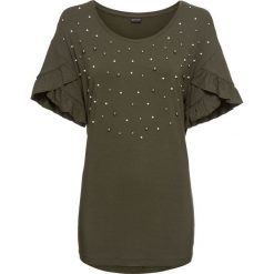 Shirt z dżerseju z perełkami bonprix ciemnooliwkowy. Zielone koszulki damskie marki bonprix, bez wzorów, z dżerseju, eleganckie, bez kołnierzyka, z krótkim rękawem. Za 44,99 zł.