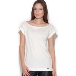 Ecru T-shirt Damski z Szerokim Dekoltem w Łódkę. Szare podkoszulki damskie Molly.pl, s, bez wzorów, z dzianiny, bez kołnierzyka, bez rękawów, bez kaptura. Za 53,90 zł.