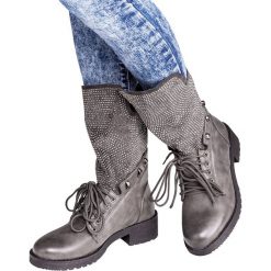 Botki damskie Ideal Shoes SU-2713 Szare. Szare botki damskie Ideal Shoes, z tworzywa sztucznego, eleganckie, bez obcasa, na obcasie, na sznurówki. Za 89,00 zł.