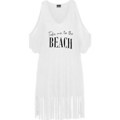 Shirt plażowy z frędzlami bonprix biały. Białe koszulki damskie bonprix, na plażę, bez wzorów, z dżerseju, bez kołnierzyka, bez rękawów. Za 49,99 zł.