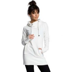 Ecru Długa Bluza-Tunika ze Ściąganym Kapturem. Szare bluzy sportowe damskie marki Molly.pl, na imprezę, s, z dzianiny, sportowe, z kapturem, z długim rękawem. Za 155,90 zł.