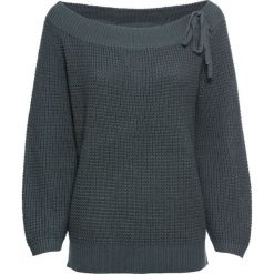 Sweter z dekoltem "carmen" ze sznurowaniem bonprix zielony eukaliptusowy. Zielone swetry damskie marki bonprix, bez wzorów, bez rękawów, bez kaptura. Za 89,99 zł.