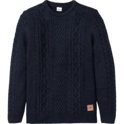 Sweter z dzianinowym wzorem bonprix ciemnoniebieski. Niebieskie swetry męskie bonprix, xl, z dzianiny, z okrągłym kołnierzem. Za 109,99 zł.