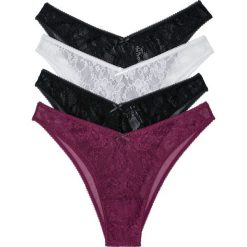 Figi tanga "Miami" (4 pary) bonprix czarny + jeżynowy + biały. Czarne majtki damskie bonprix, z koronki. Za 59,96 zł.