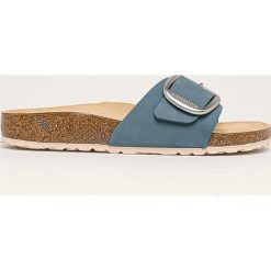 Birkenstock - Klapki skórzane Madrid Big Buckle. Niebieskie klapki damskie Birkenstock, bez wzorów, ze skóry, bez obcasa, na obcasie. W wyprzedaży za 299,90 zł.