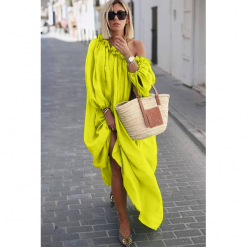 Sukienka PENELOPE YELLOW. Żółte sukienki damskie IVET, na co dzień, bez wzorów, z materiału, bez kołnierzyka, z długim rękawem, długie, maxi. W wyprzedaży za 99,00 zł.